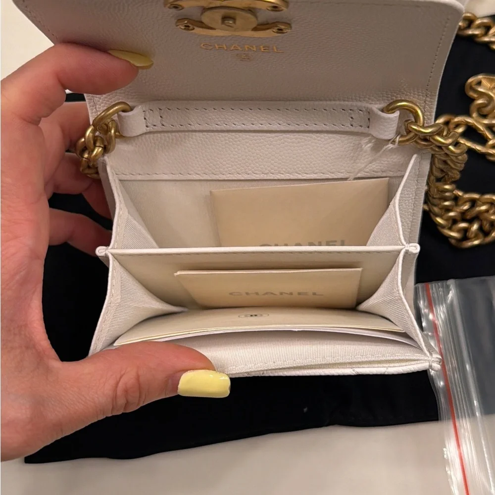 CHANEL Cream Quilted Caviar Leather Mini Wallet on Gold Chain